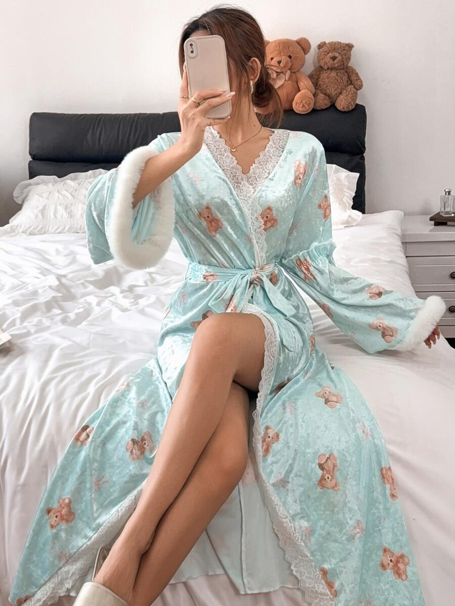 Napfluff رداء نسائي بأكمام طويلة مع أساور مكشكشة وطباعة دب لطيفة بألوان متباينة - أزرق فاتح اللون - مشاهدة 1