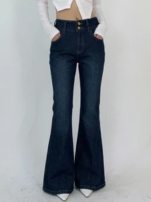 DAZY Women's Double-Breasted Zipper Half-Placket Elegant Fashion Versatile Denim Flare Pants - Dark Wash - View 6
