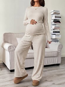 SHEIN Striped Slim Fit Set Round Neck Long Sleeve T-Shirt And Adjustable Waist Wide Leg Pants Fall - Apricot - View 9