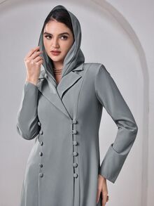 Al Najma 女款純色翻領長袖雙排扣優雅阿拉伯式長袍 - 藍色 - 查看 5