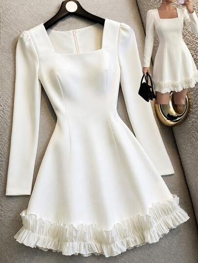 SHEIN Franclia Vestido Elegante Minimalista para Mulheres, Decote Quadrado, Ajuste Slim, Cor Bege Sólida, Outono/Inverno, Escritório, Volta às Aulas, Roupa para Chá da Tarde