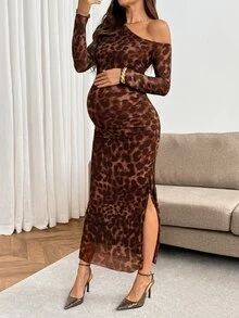 SHEIN فستان حمل بكتف غير متماثل وطبعة نمر وأكمام طويلة وفتحة جانبية عند الحافة - بني - مشاهدة 8