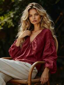 Breezaya Blus Wanita Lengan Panjang Kasual Leher V Warna Polos untuk Sehari-hari - Burgundy - View 5