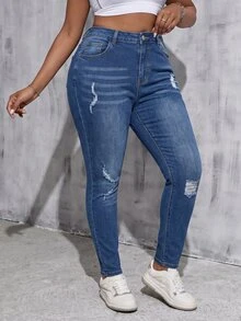 SHEIN MOD Plus Size Fashion Button Pocket Distressed Streetwear Denim Jeans - Medium Wash - View 5