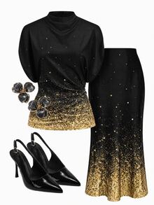 SHEIN Clasi Gold Sequin Gradient Print Cowl Neck Blouse And Mermaid Skirt Set. Suitable For Party - Black - View 1