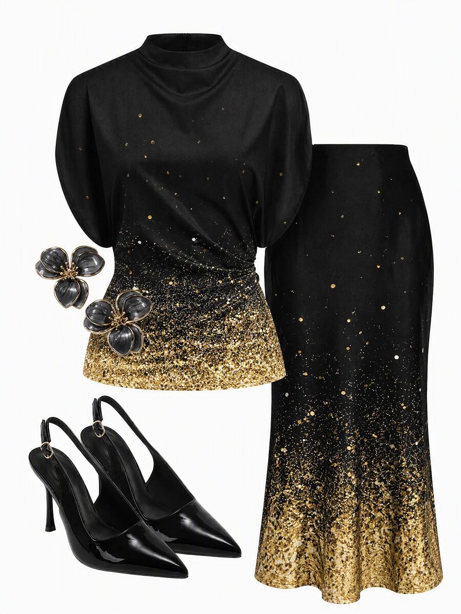 SHEIN Clasi Gold Sequin Gradient Print Cowl Neck Blouse And Mermaid Skirt Set. Suitable For Party - Black - View 1