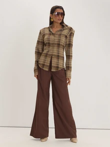 MUSEYN Celana Panjang Lebar Berlipit dengan Detail Ikat Pinggang Anyaman Cokelat, Serbaguna untuk Sehari-hari dan Kasual di Musim Gugur - Coffee Brown - View 1