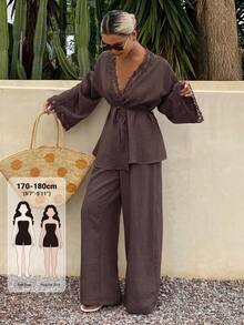 Dazy Tall Women's Lace Patchwork Vacation Style Casual 2 Pieces Set - Brown - View 1