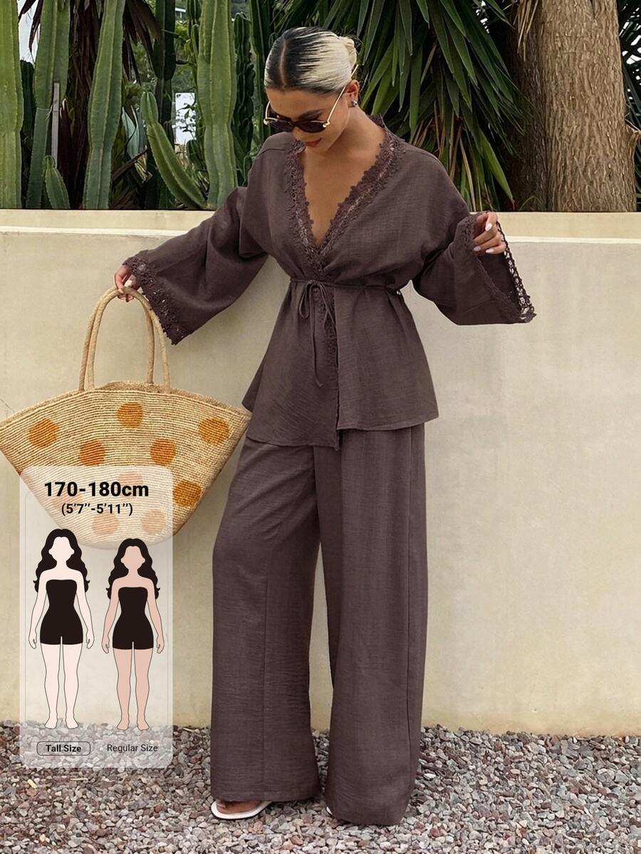 Dazy Tall Women's Lace Patchwork Vacation Style Casual 2 Pieces Set - Brown - View 1
