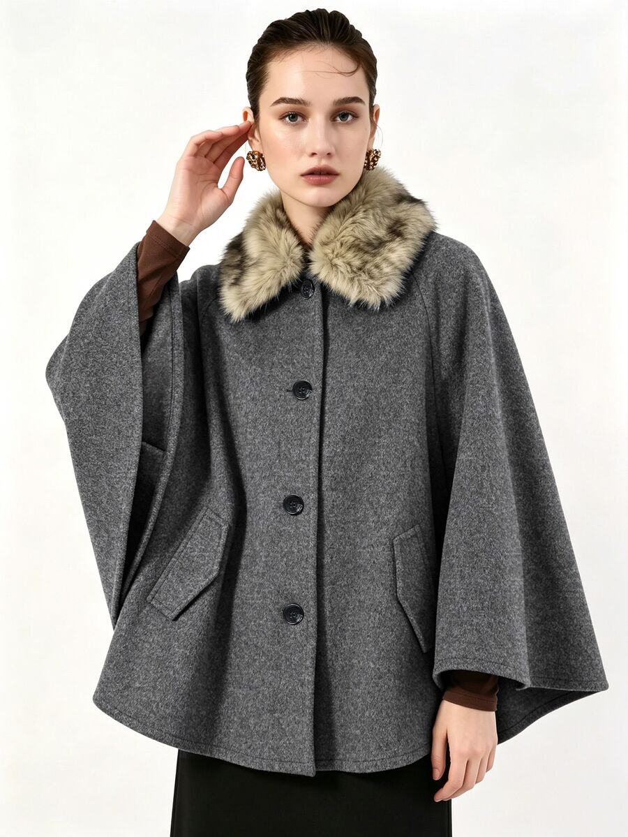 Lumivelle Women's Vintage Oversized Fur Collar Batwing Sleeve Wool Cape Coat - Dark Grey - View 1