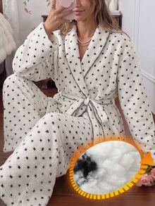 Livesso Conjunto de pijama de mujer con top de manga larga a bloques de color y pantalones largos cómodos - Blanco - Ver 4