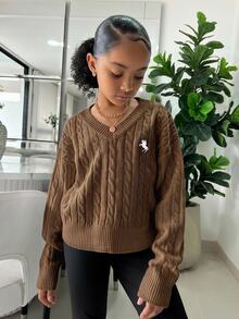 SHEIN 青少年女孩簡約純色V領長袖針織衫，休閒日常穿著，秋冬長袖上衣，學院風V領長袖針織衫，刺繡針織衫 - 棕色 - 查看 3