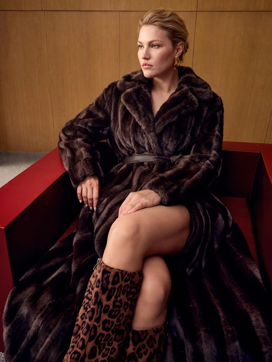 MOTF PREMIUM PLUS SIZE FAUX MINK FUR STAND COLLAR WAIST-CINCHING COAT - Brown - View 1