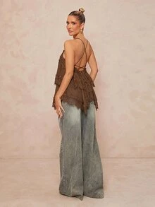 Lumalex New Coffee Color Tassel Draped U-Neck Bodycon Straight Long Dress - Coffee Brown - View 2