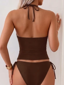 SHEIN Swim 女款 2 件式純色性感可愛細肩帶綁帶比基尼套裝，三角泳褲，熱銷海灘度假休閒優雅情人節派對背心式比基尼套裝穿搭，女款假期優雅海灘泳裝 - 咖啡棕 - 查看 2