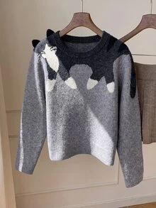 Comfortcana Women's Cute Korean Style Cat Jacquard Long Sleeve Sweater - Grey - View 8