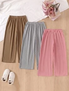 SHEIN 女童粉色棕色灰色3件套，秋冬日常穿搭。蝴蝶結鬆緊腰帶。純色燈芯絨面料。多色休閒直筒褲 - 彩色 - 查看 2