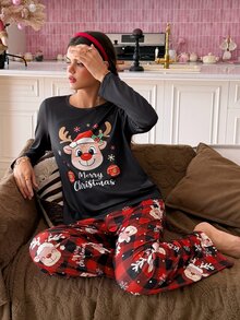 SweetSlumber Christmas Print Colorblock Round Neck Pullover Women Pajama Set - Multicolor - View 1