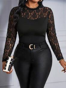 SHEIN Lady Plus Size Women's Rose Mesh Patchwork Round Neck Long Sleeve Elegant T-Shirt For Spring Fall - Black - View 1