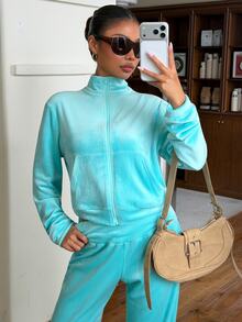 Muchica Women's Solid Color Long Sleeve Zip-Up Hoodie And Pants Casual 2 Pieces Set - Pink - View 6