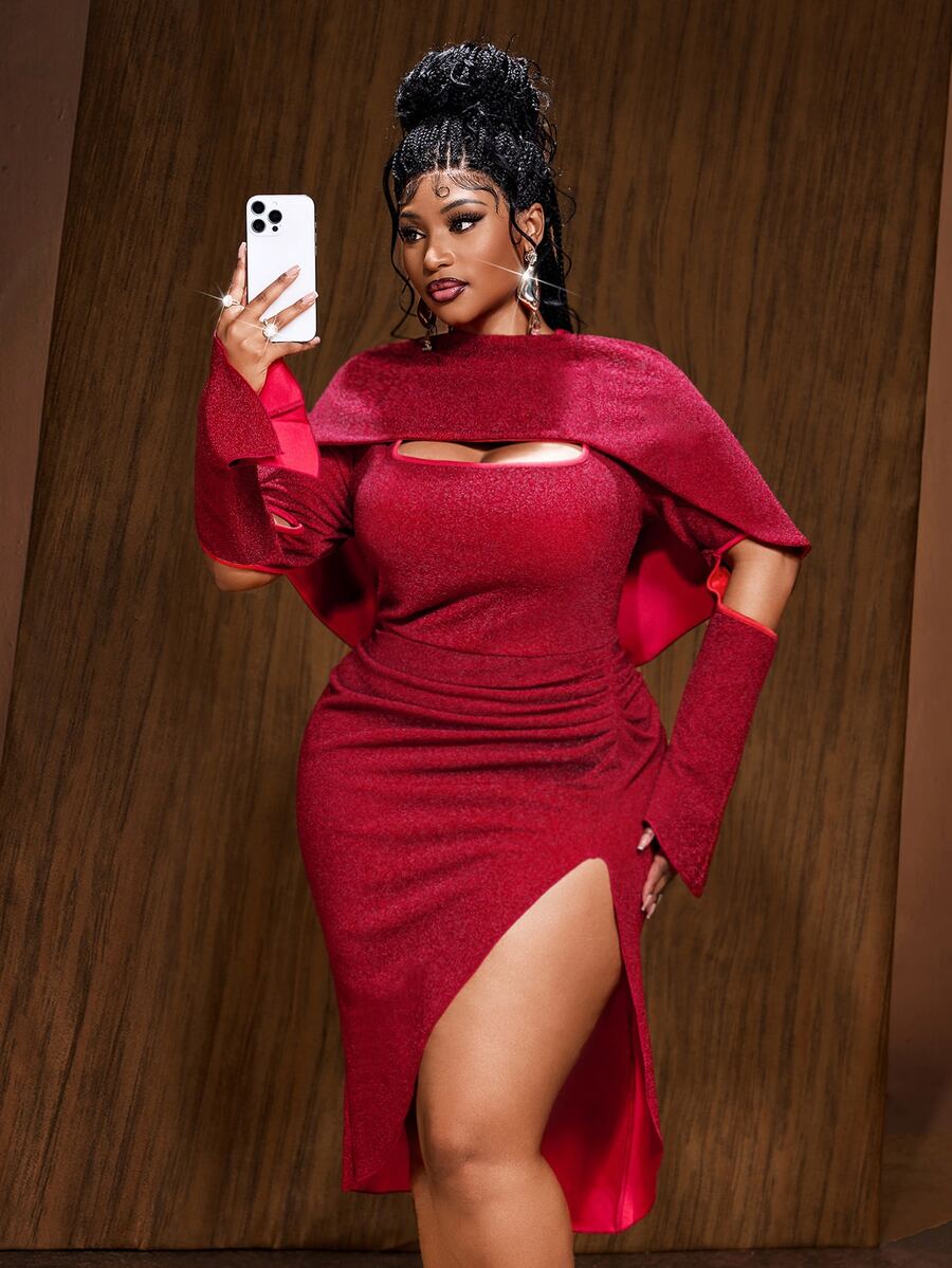 Maweii Plus Size Sexy Fitted Square Neck Evening Gown Dress - Red - View 1