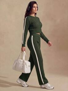 Glamine Women's Colorblock Round Neck Long Sleeve Hollow Out Top And Pants Sports Set - Multicolor - View 3