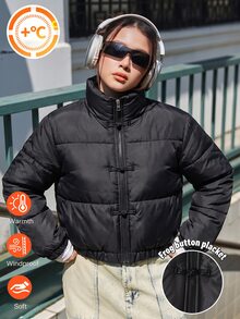 SHEIN 青少年女孩黑色亮面立領盤扣短款棉襖外套，經典立領設計，前襟配復古中式盤扣與內層拉鍊，短版修飾腰線顯高顯瘦，寬鬆長袖，百搭日常通勤棉襖 - 黑色 - 查看 3