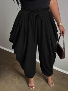 Slaydiva Plus Size Women's Pants, Olive Drawstring Side Draped Cuffed Harem Trousers Fall - Black - View 5