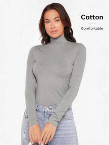 SHEIN BASICS 女款高領長袖羅紋針織修身T恤上衣，黑色 - 淺灰色 - 查看 6