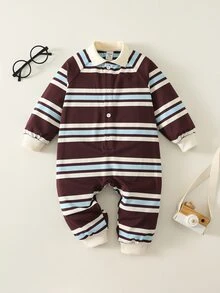 SHEIN 中性新生兒嬰兒男孩/女孩、幼兒秋冬保暖內裡加厚可愛對比色拼接條紋連身衣，嬰兒冬季連身衣，聖誕節 - 棕色 - 查看 5