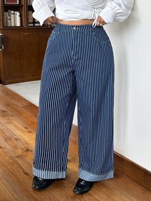 Rivivi 女款高腰大尺碼條紋寬鬆寬腿牛仔褲，秋冬新年造型 - 藍色 - 查看 7
