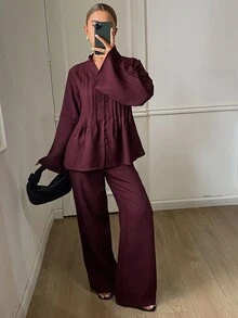 Dazy Tall Women's Solid Color Pleated Long Sleeve Top And Pants Casual Daily 2 Pieces Set - Burgundy - View 3