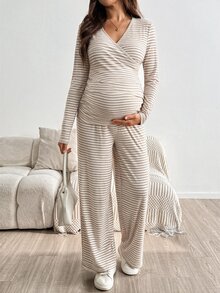 SHEIN 孕婦條紋長袖T恤與可調腰長褲2件套 - 杏色 - 查看 4