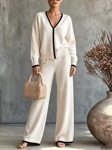 SHEIN Casual Loose V-Neck Long Sleeve Knit Contrast Trim Top + Loose Straight Leg Pants ,Women Fall/Winter Sets,New Year, Christmas, Halloween,Party,Social - Beige - View 2