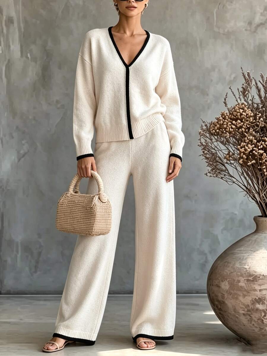 SHEIN Casual Loose V-Neck Long Sleeve Knit Contrast Trim Top + Loose Straight Leg Pants ,Women Fall/Winter Sets,New Year, Christmas, Halloween,Party,Social
