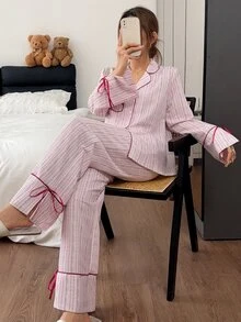Napfluff طقم بيجامة نسائي بأسلوب إنستقرام الطازج، مخطط وزهري بألوان متباينة، شريط، أكمام طويلة مع فتحة أمامية وياقة، جيب، وأكمام مقسمة، ملابس علوية وبنطلون - وردي - مشاهدة 3