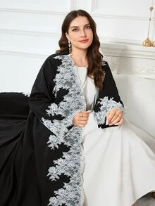 Al Najma Minimalist Casual Solid Color Lace Trim Long Sleeve Loose Regular Fit Spring Autumn Plus Size Abaya - Black - View 3