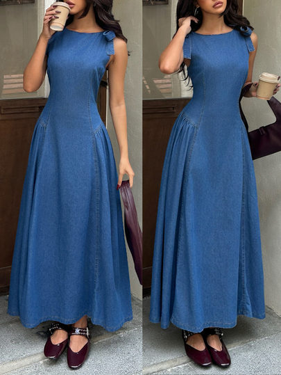 Rivivi Women's Denim Dress, Shoulder Strap Bow Fishbone Segmented Waist Flared Long Skirt With Hand-Tied Bow, Adjustable Shoulder Strap Length, Enhancing Shoulder And Neckline, Adding Gentle Girl Details, Suitable For Coffee Date Afternoon Tea, Vacation Travel, Office Casual