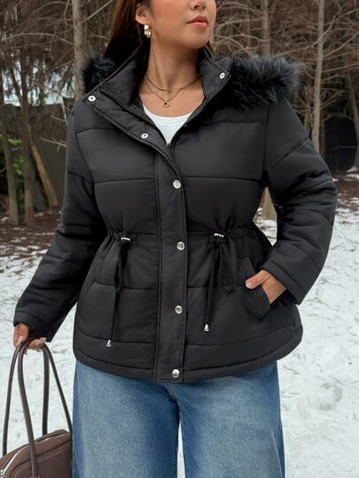 Muchica New Women's Plus-Size Solid-Color Long-Sleeve Zip-Up Hooded Jacket For Autumn/Winter, Featuring A Detachable Hood And A Drawstring Waist.