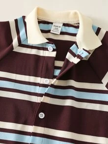 SHEIN 中性新生兒嬰兒男孩/女孩、幼兒秋冬保暖內裡加厚可愛對比色拼接條紋連身衣，嬰兒冬季連身衣，聖誕節 - 棕色 - 查看 3