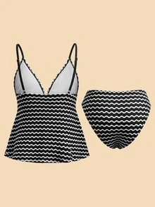 Travachic Women's Summer Beach Striped Sexy Tankini & Triangle Tankini Bottom Two-Piece Swimsuit Set - Black and White - View 2