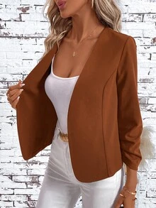 SHEIN Clasi 女款優雅開襟百褶長袖百搭黑色外套 - 鏽棕色 - 查看 7
