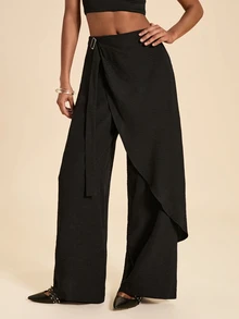Travachic Women's Solid Color Side Waist Buckle Design Wide Leg Loose Long Pants - Black - View 6