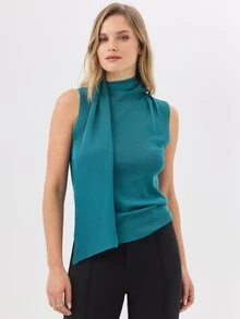 KÆRIA Hus Atasan Rajut Tanpa Lengan Berkerah Minimalis Warna Polos untuk Wanita - Hijau - View 1