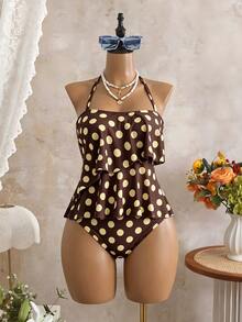SHEIN Swim 春夏女款2件式海灘裝套裝，時尚可愛性感度假海邊泳池派對款，隨機印花波點多色荷葉邊可拆式細肩帶背心上衣與高腰比基尼泳褲 - 彩色 - 查看 4