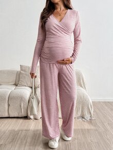 SHEIN 孕婦條紋哺乳長袖上衣與可調腰圍長褲休閒日常兩件套 秋季 - 粉色 - 查看 4