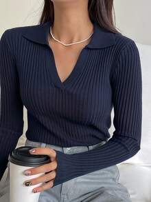 DAZY 女款素色翻領長袖商務休閒套頭毛衣 - 藏蓝色 - 查看 3