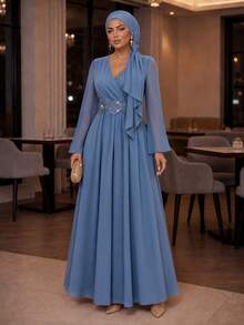 Auveirra Plus Size French Elegant 3D Floral Decor Long Sleeve Dress - Blue - View 3