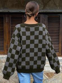 Livesso 女款棋盤格休閒百搭日常穿搭開襟衫 - 軍綠色 - 查看 2