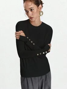 SHEIN Tall Crew Neck Slim Fit Versatile Button Detail Long Sleeve Knit Pullover Sweater - Black - View 4